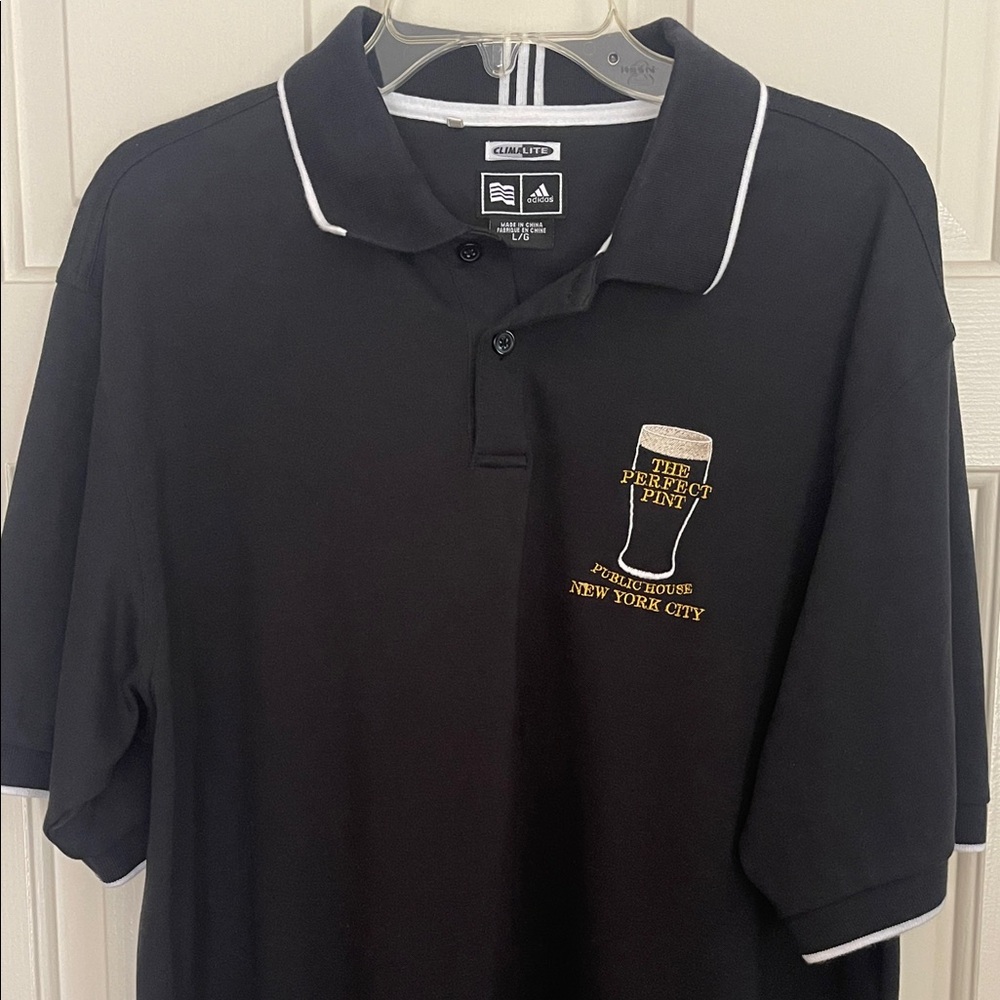 Adidas Black Polo Shirt with White Accents The Perfect Pint Public House NYC - Picture 2 of 11